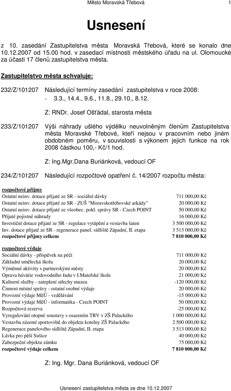 Josef Ošťádal, starosta města 233/Z/101207 Výši náhrady ušlého výdělku neuvolněným členům Zastupitelstva města Moravské Třebové, kteří nejsou v pracovním nebo jiném obdobném poměru, v souvislosti s