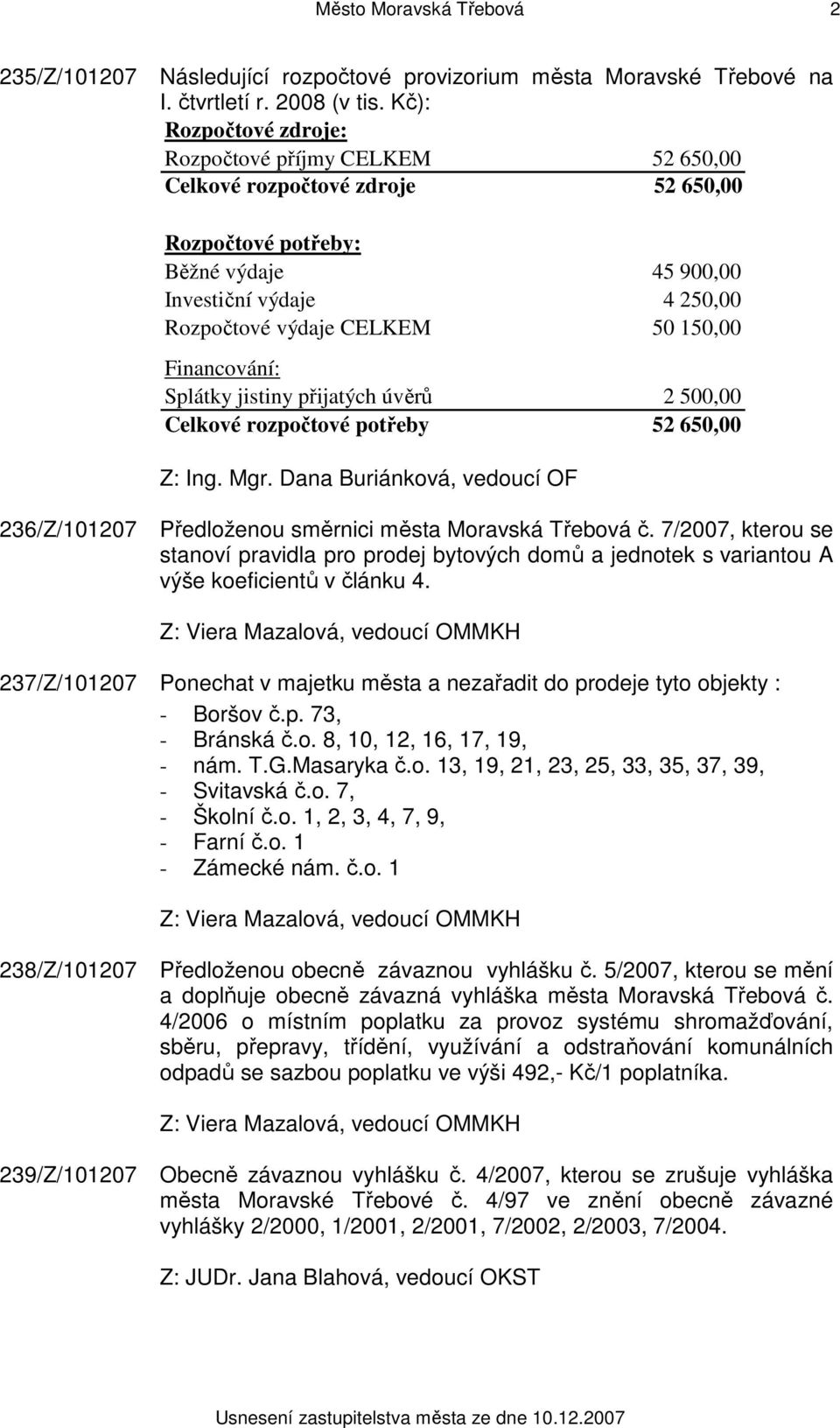 Financování: Splátky jistiny přijatých úvěrů 2 500,00 Celkové rozpočtové potřeby 52 650,00 Z: Ing. Mgr. Dana Buriánková, vedoucí OF 236/Z/101207 Předloženou směrnici města Moravská Třebová č.