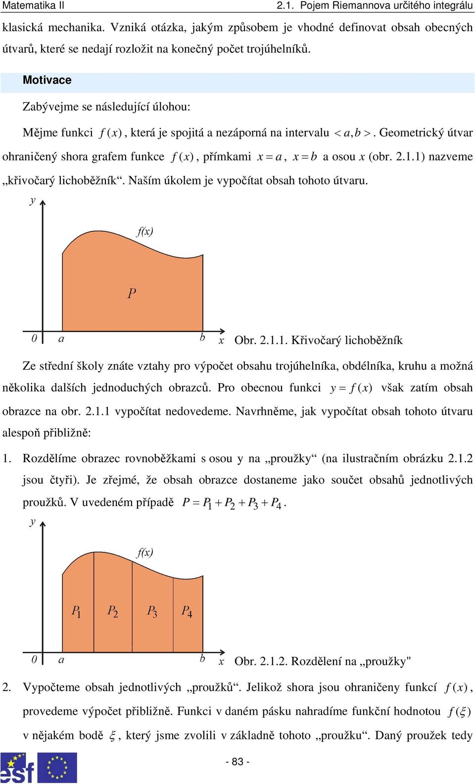 1) azveme křivočarý lichoběžík. Naším úkolem je vypočítat obsah tohoto útvaru. Obr. 2.1.1. Křivočarý lichoběžík Ze středí školy záte vztahy pro výpočet obsahu trojúhelíka, obdélíka, kruhu a možá ěkolika dalších jedoduchých obrazců.