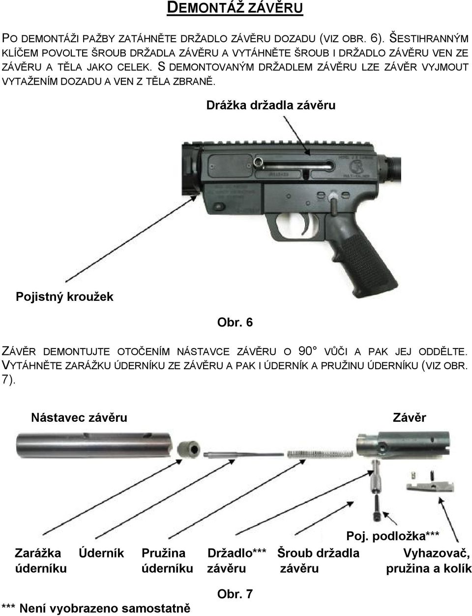 S DEMONTOVANÝM DRŽADLEM ZÁVĚRU LZE ZÁVĚR VYJMOUT VYTAŽENÍM DOZADU A VEN Z TĚLA ZBRANĚ. Drážka držadla závěru Pojistný kroužek Obr.