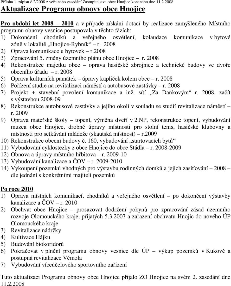 Místního programu obnovy vesnice postupovala v těchto fázích: 1) Dokončení chodníků a veřejného osvětlení, kolaudace komunikace v bytové zóně v lokalitě Hnojice-Rybník r.