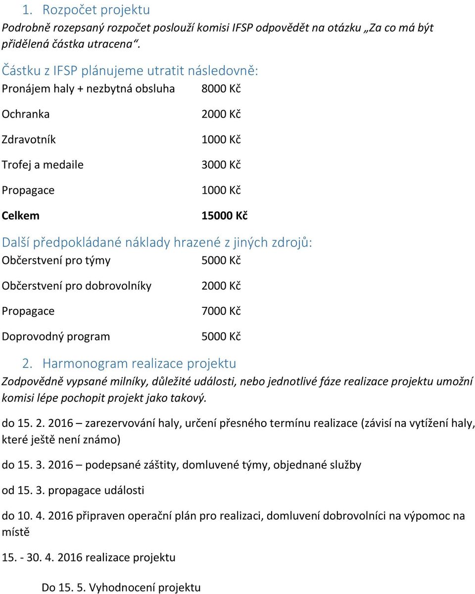 náklady hrazené z jiných zdrojů: Občerstvení pro týmy 5000 Kč Občerstvení pro dobrovolníky Propagace Doprovodný program 2000 Kč 7000 Kč 5000 Kč 2.