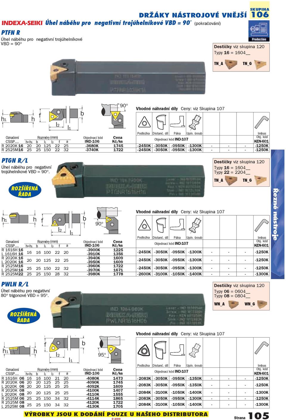 šroub Imbus IND107 KEN601 2450K 3050K 0950K 1300K 1250K 2450K 3050K 0950K 1300K 1250K PTGN R/L Úhel náběhu pro negativní trojúhelníkové VBD = 90.