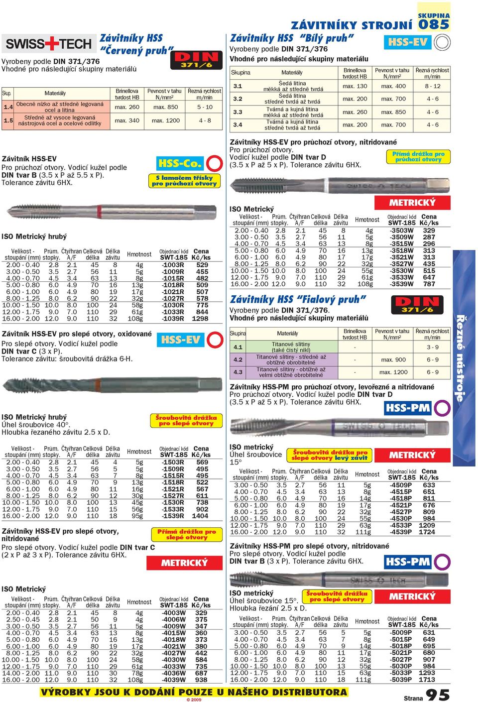 1200 4 8 ZÁVITNÍKY STROJNÍ Závitníky HSS Bílý pruh HSSEV Vyrobeny podle DIN 371/376 Vhodné pro následující skupiny materiálu SKUPINA 085 Skupina Materiály Brinellova Pevnost v tahu Řezná rychlost