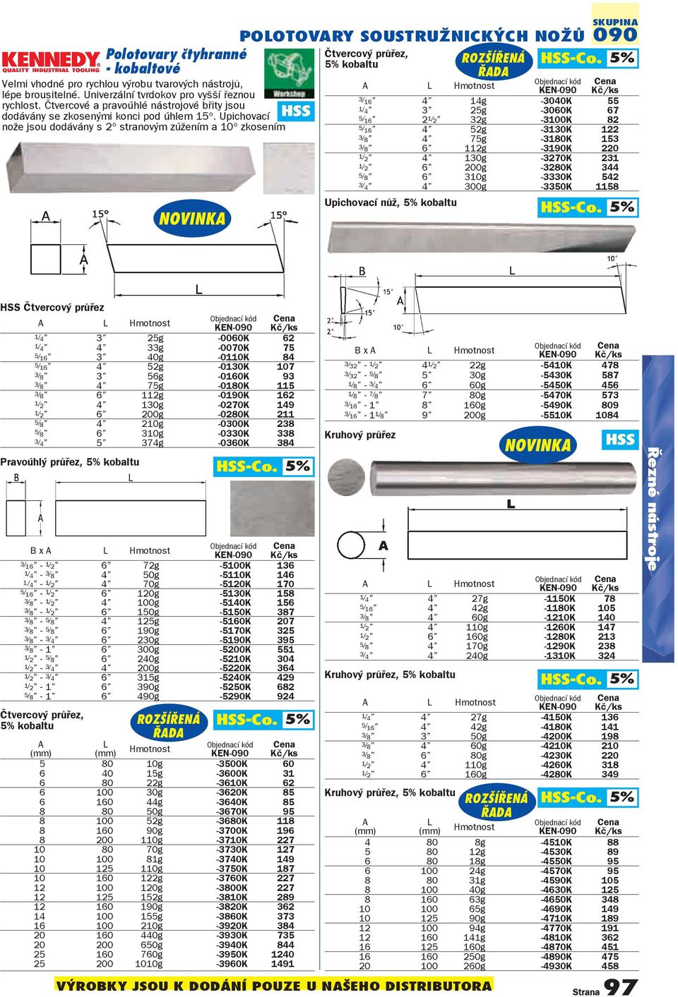 Upichovací nože jsou dodávány s 2 stranovým zúžením a 10 zkosením NOVINKA SKUPINA 090 Čtvercový průřez, 5% kobaltu HSSCo.