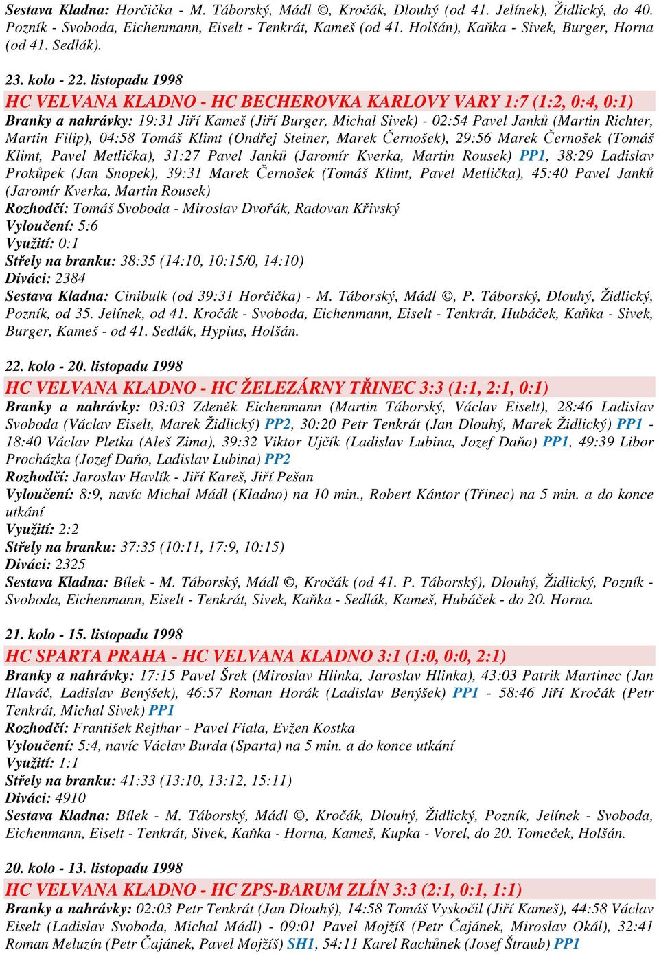 listopadu 1998 HC VELVANA KLADNO - HC BECHEROVKA KARLOVY VARY 1:7 (1:2, 0:4, 0:1) Branky a nahrávky: 19:31 Jiří Kameš (Jiří Burger, Michal Sivek) - 02:54 Pavel Janků (Martin Richter, Martin Filip),