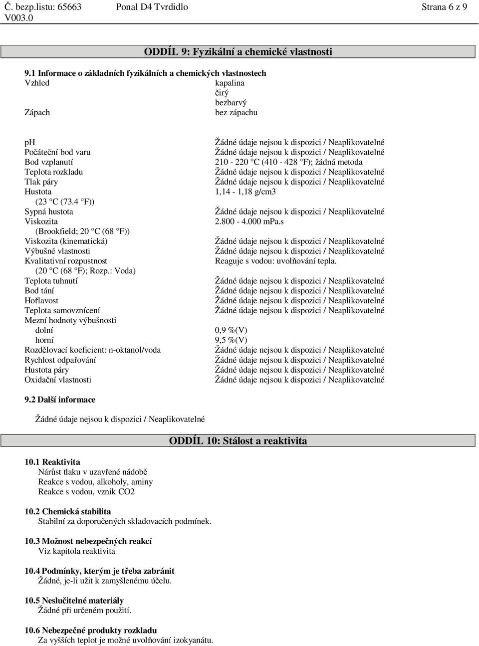 nejsou k dispozici / Neaplikovatelné Bod vzplanutí 210-220 C (410-428 F); žádná metoda Teplota rozkladu Žádné údaje nejsou k dispozici / Neaplikovatelné Tlak páry Žádné údaje nejsou k dispozici /