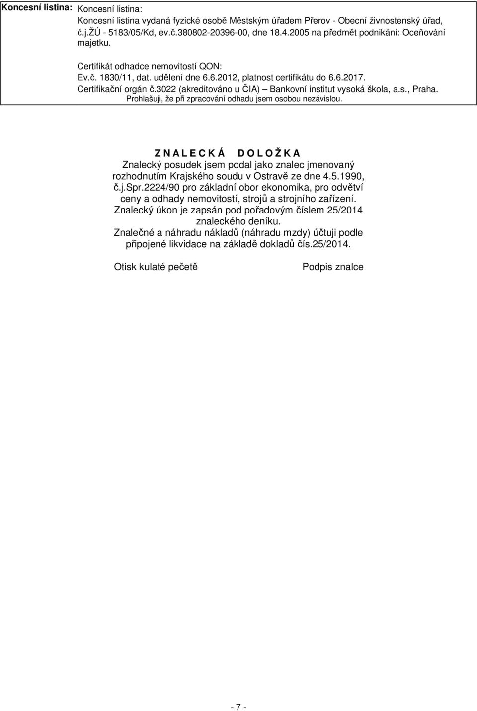 3022 (akreditováno u ČIA) Bankovní institut vysoká škola, a.s., Praha. Prohlašuji, že při zpracování odhadu jsem osobou nezávislou.