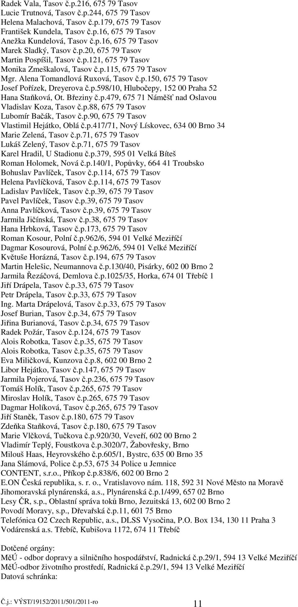 p.598/10, Hlubočepy, 152 00 Praha 52 Hana Staňková, Ot. Březiny č.p.479, 675 71 Náměšť nad Oslavou Vladislav Koza, Tasov č.p.88, 675 79 Tasov Lubomír Bačák, Tasov č.p.90, 675 79 Tasov Vlastimil Hejátko, Oblá č.