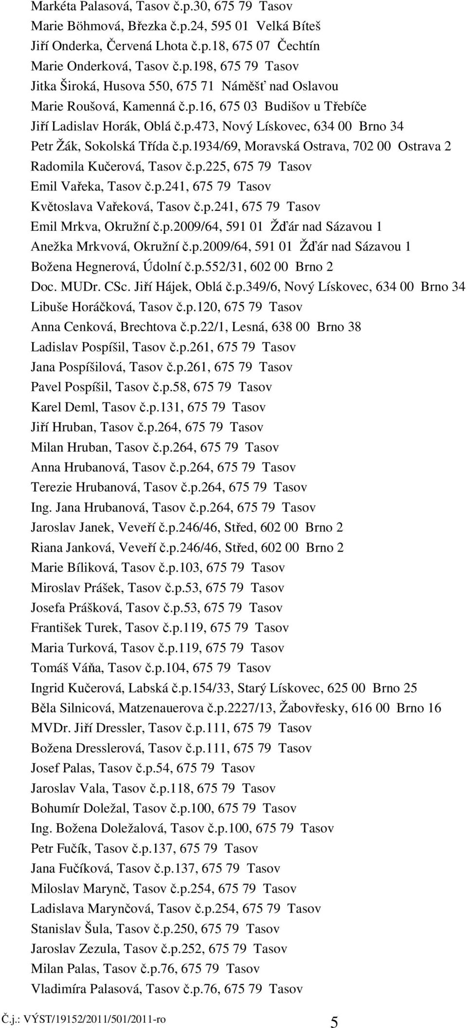 p.241, 675 79 Tasov Květoslava Vařeková, Tasov č.p.241, 675 79 Tasov Emil Mrkva, Okružní č.p.2009/64, 591 01 Žďár nad Sázavou 1 Anežka Mrkvová, Okružní č.p.2009/64, 591 01 Žďár nad Sázavou 1 Božena Hegnerová, Údolní č.