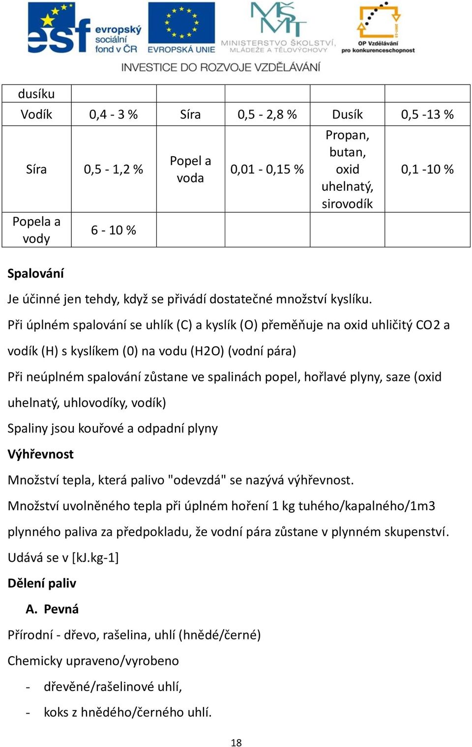 0,1-10 % Při úplném spalování se uhlík (C) a kyslík (O) přeměňuje na oxid uhličitý CO2 a vodík (H) s kyslíkem (0) na vodu (H2O) (vodní pára) Při neúplném spalování zůstane ve spalinách popel, hořlavé