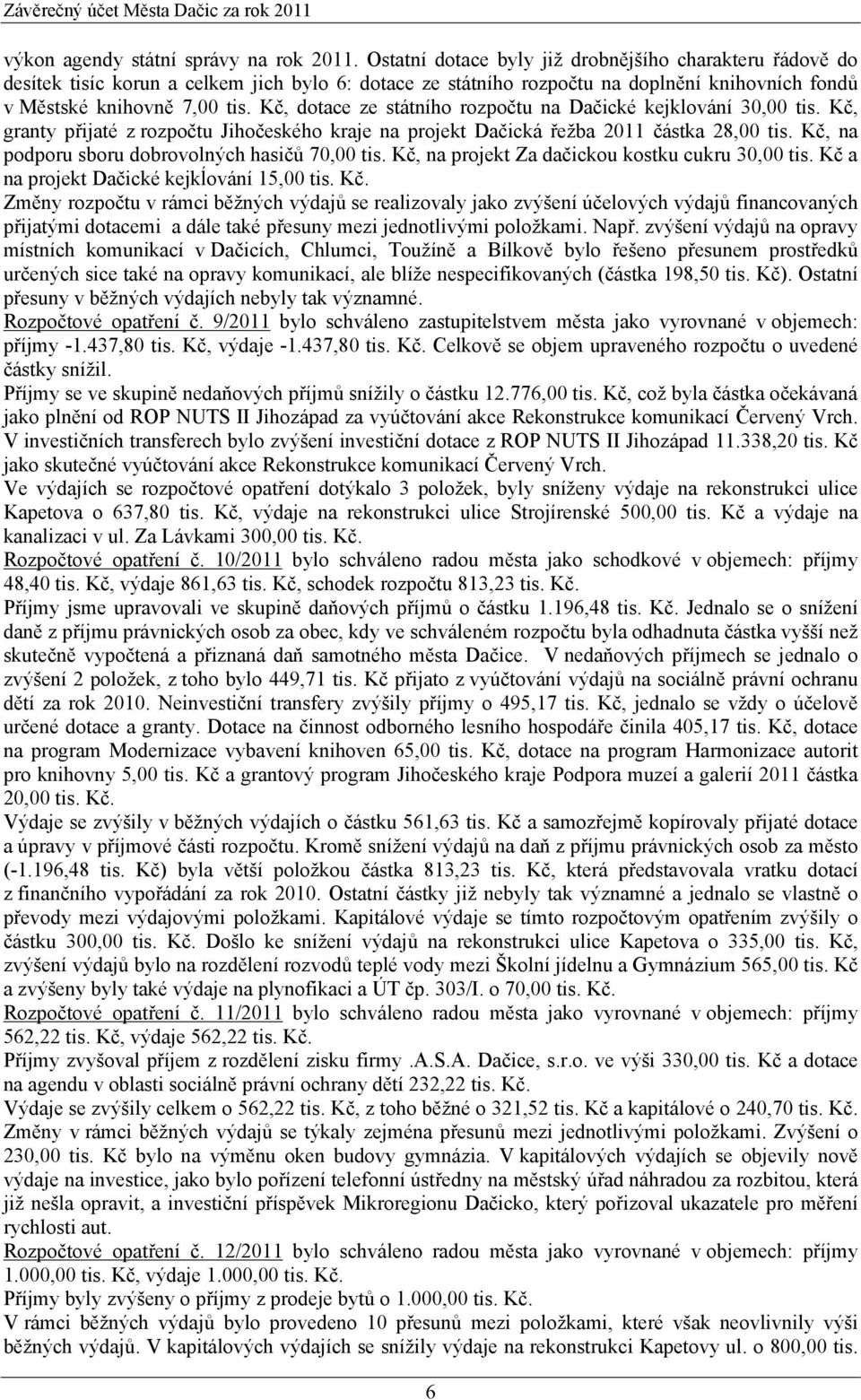 Kč, dotace ze státního rozpočtu na Dačické kejklování 30,00 tis. Kč, granty přijaté z rozpočtu Jihočeského kraje na projekt Dačická řežba 2011 částka 28,00 tis.