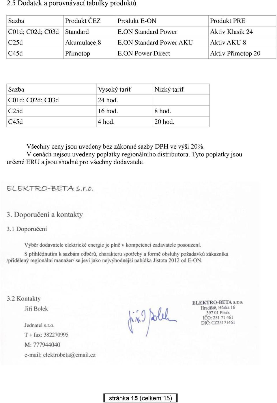 ON Power Direct Aktiv Přímotop 20 Sazba Vysoký tarif Nízký tarif C01d; C02d; C03d 24 hod. C25d 16 hod. 8 hod. C45d 4 hod. 20 hod.