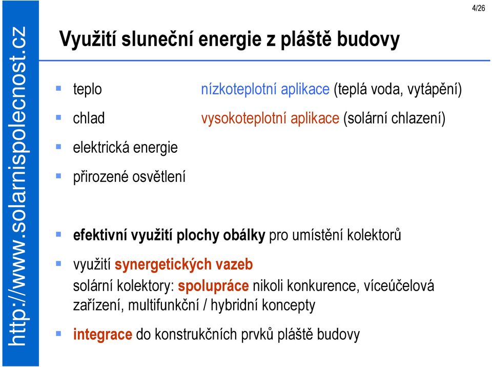 využití plochy obálky pro umístění kolektorů využití synergetických vazeb solární kolektory: spolupráce