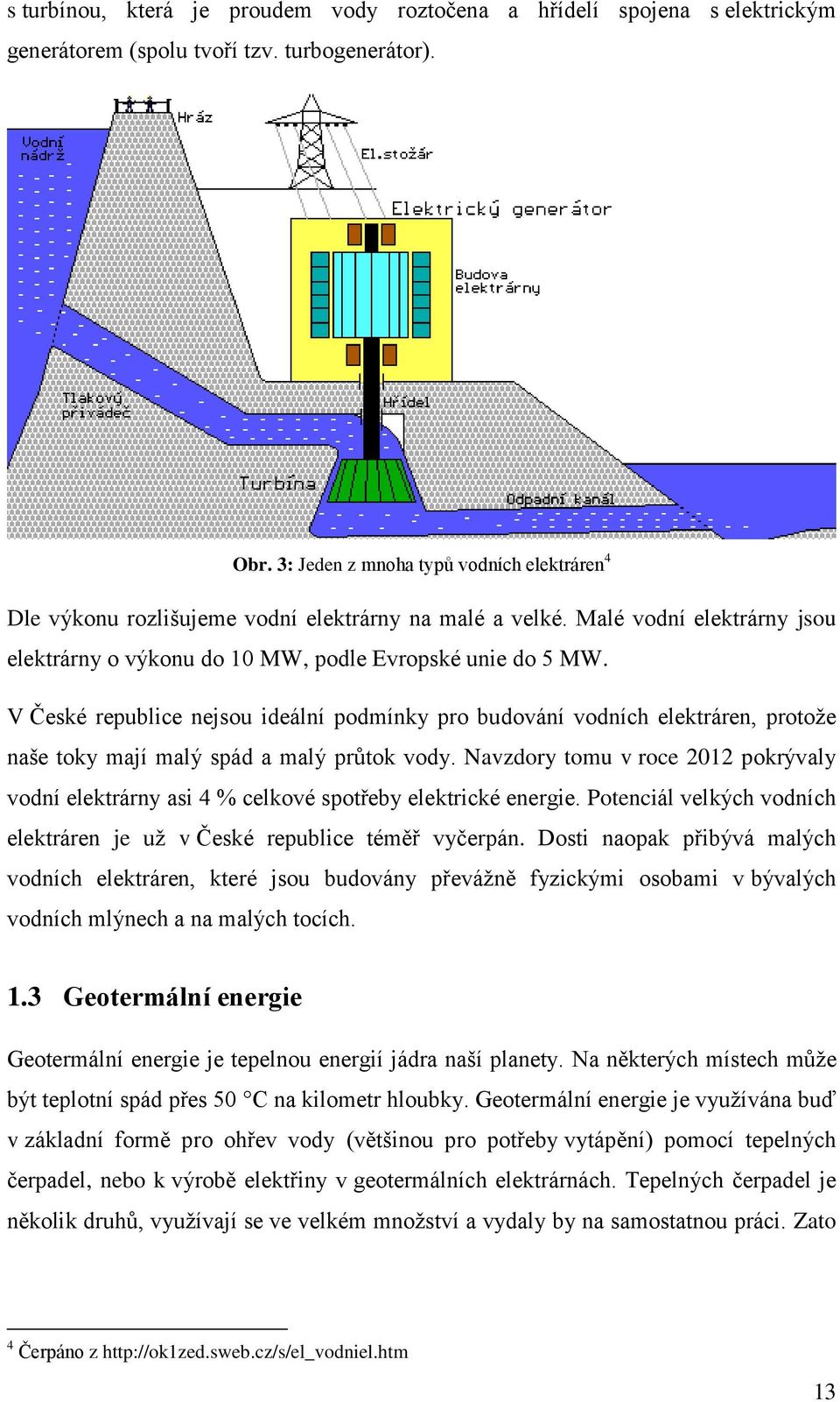 V České republice nejsou ideální podmínky pro budování vodních elektráren, protože naše toky mají malý spád a malý průtok vody.