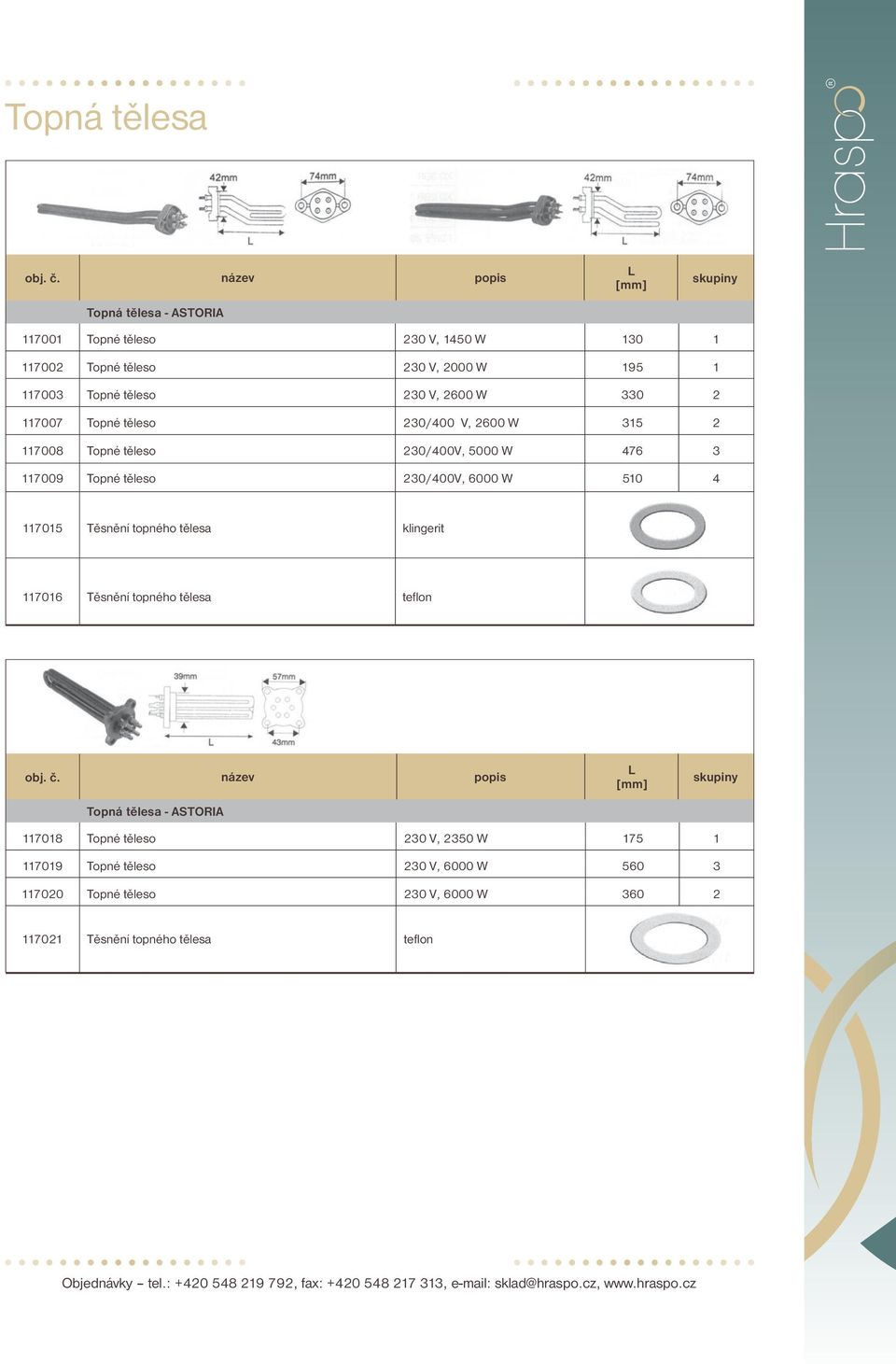 tělesa - ASTORIA 708 0 V, 50 W 75 709 0 V, 6000 W 560 700 0 V, 6000 W 60 70