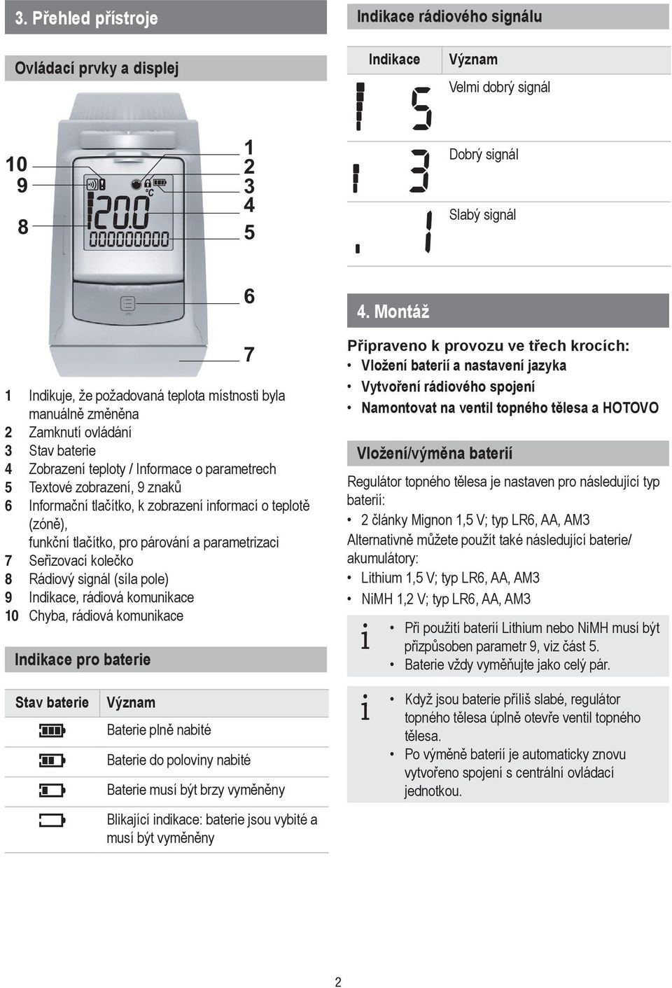 tlačítko, k zobrazení informací o teplotě (zóně), funkční tlačítko, pro párování a parametrizaci 7 Seřizovací kolečko 8 Rádiový signál (síla pole) 9 Indikace, rádiová komunikace Chyba, rádiová