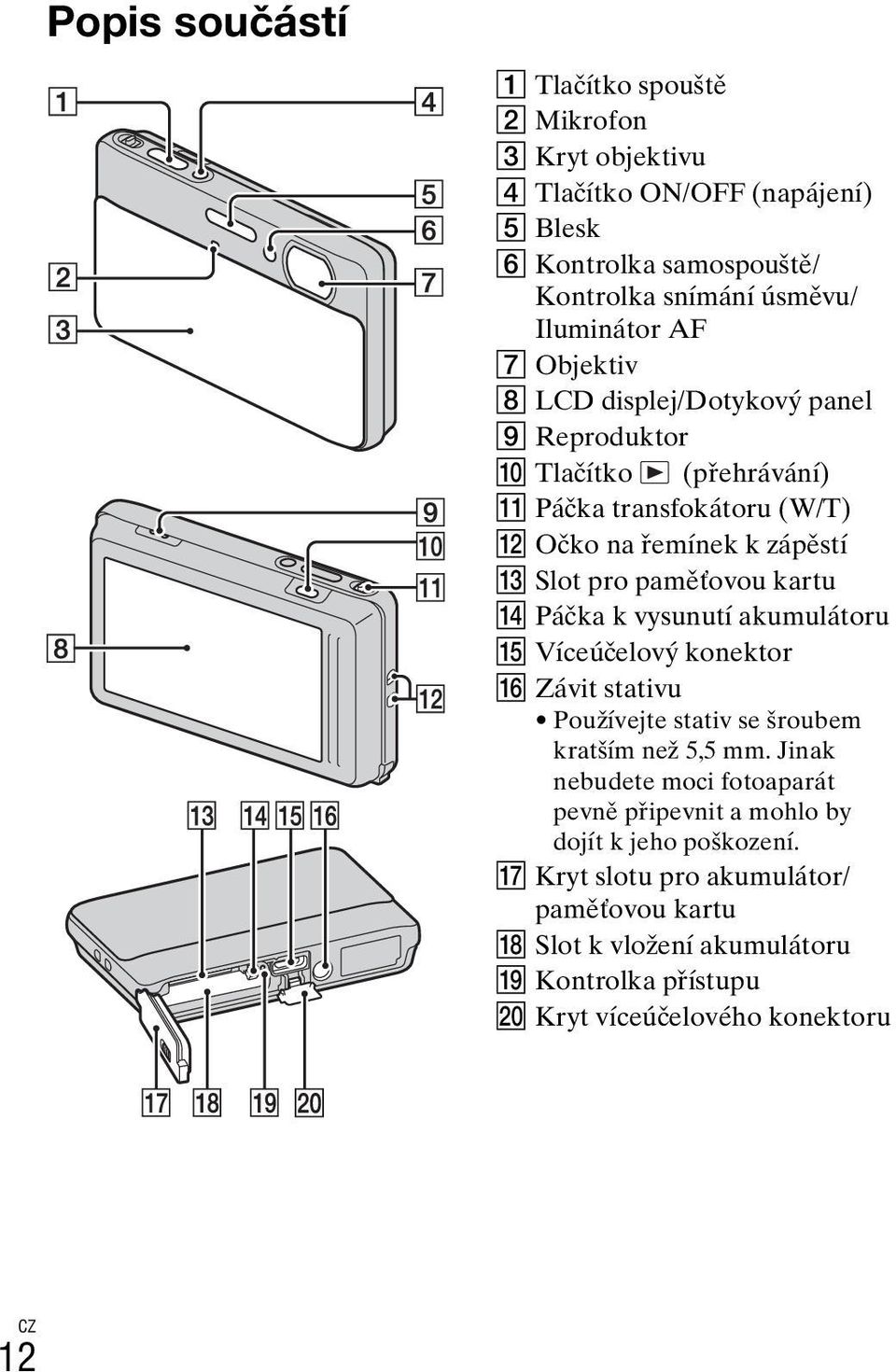 Páčka k vysunutí akumulátoru O Víceúčelový konektor P Závit stativu Používejte stativ se šroubem kratším než 5,5 mm.