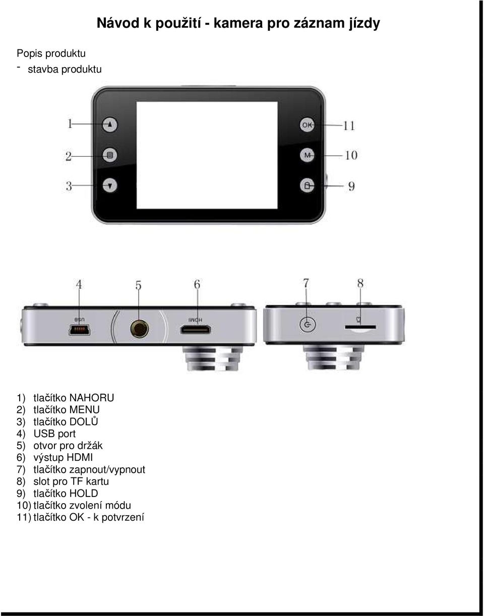 otvor pro držák 6) výstup HDMI 7) tlačítko zapnout/vypnout 8) slot pro TF