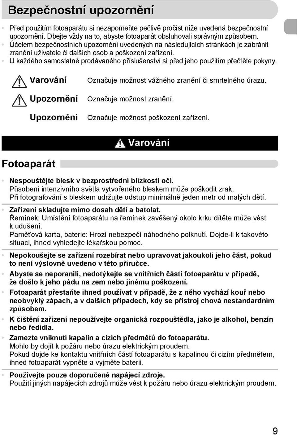 U každého samostatně prodávaného příslušenství si před jeho použitím přečtěte pokyny. Varování Upozornění Upozornění Označuje možnost vážného zranění či smrtelného úrazu. Označuje možnost zranění.