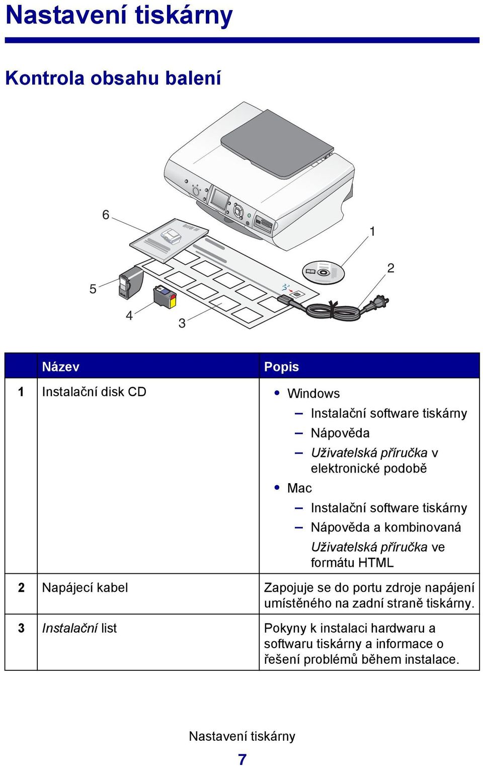 příručka ve formátu HTML 2 Napájecí kabel Zapojuje se do portu zdroje napájení umístěného na zadní straně tiskárny.