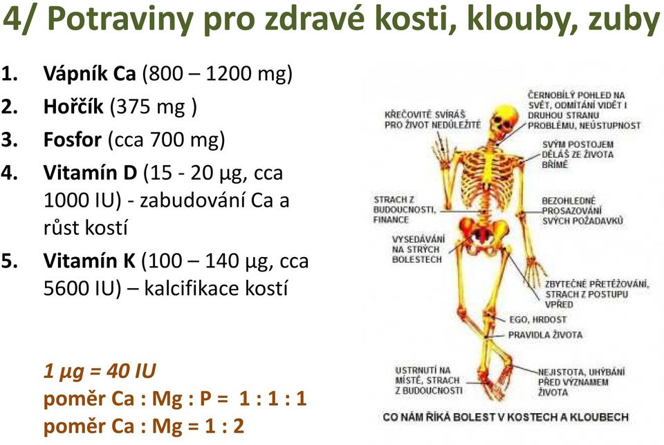Vitamín D(15-20 µg, cca 1000 IU) -zabudování Ca a růst kostí 5.