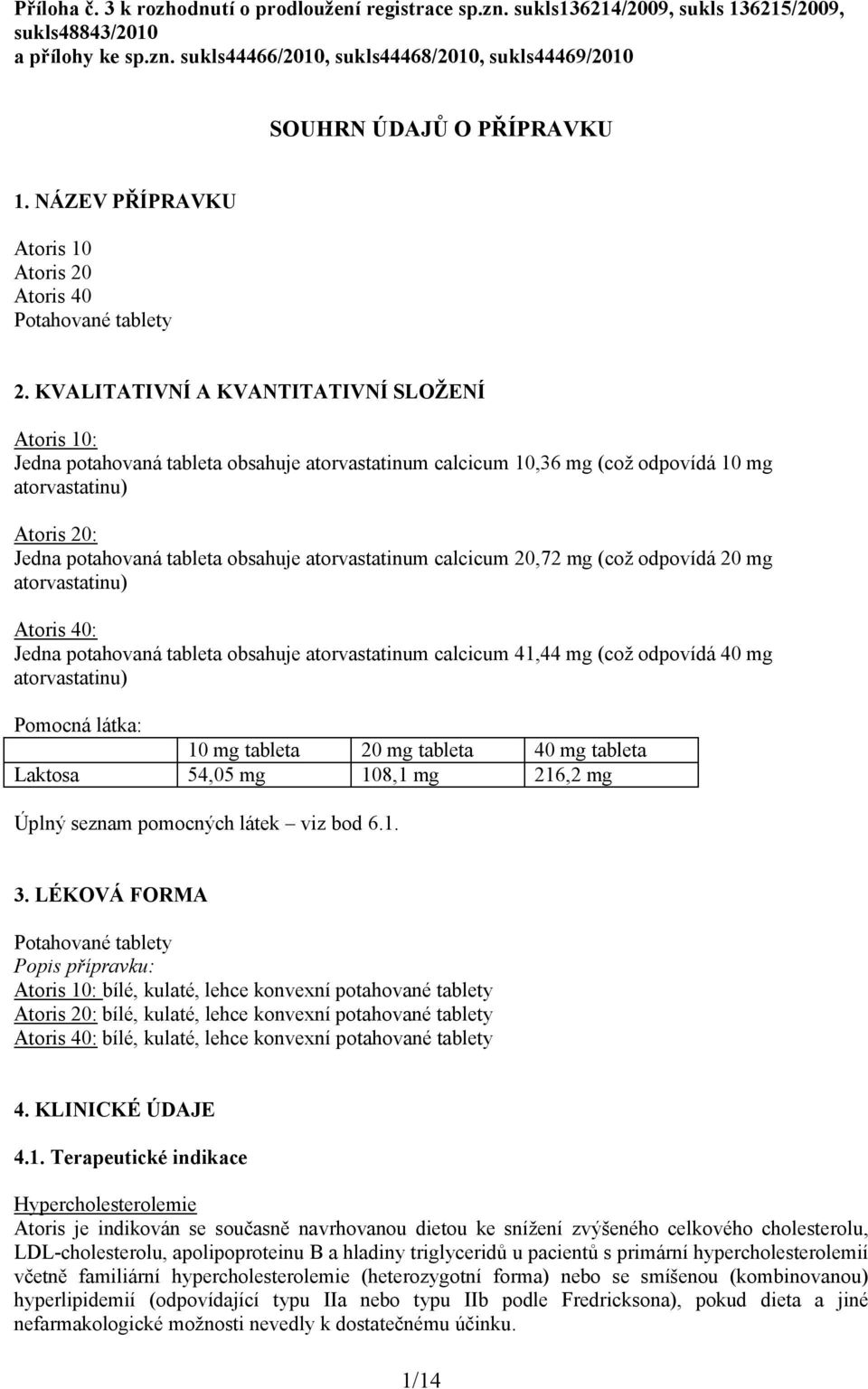 KVALITATIVNÍ A KVANTITATIVNÍ SLOŽENÍ Atoris 10: Jedna potahovaná tableta obsahuje atorvastatinum calcicum 10,36 mg (což odpovídá 10 mg atorvastatinu) Atoris 20: Jedna potahovaná tableta obsahuje