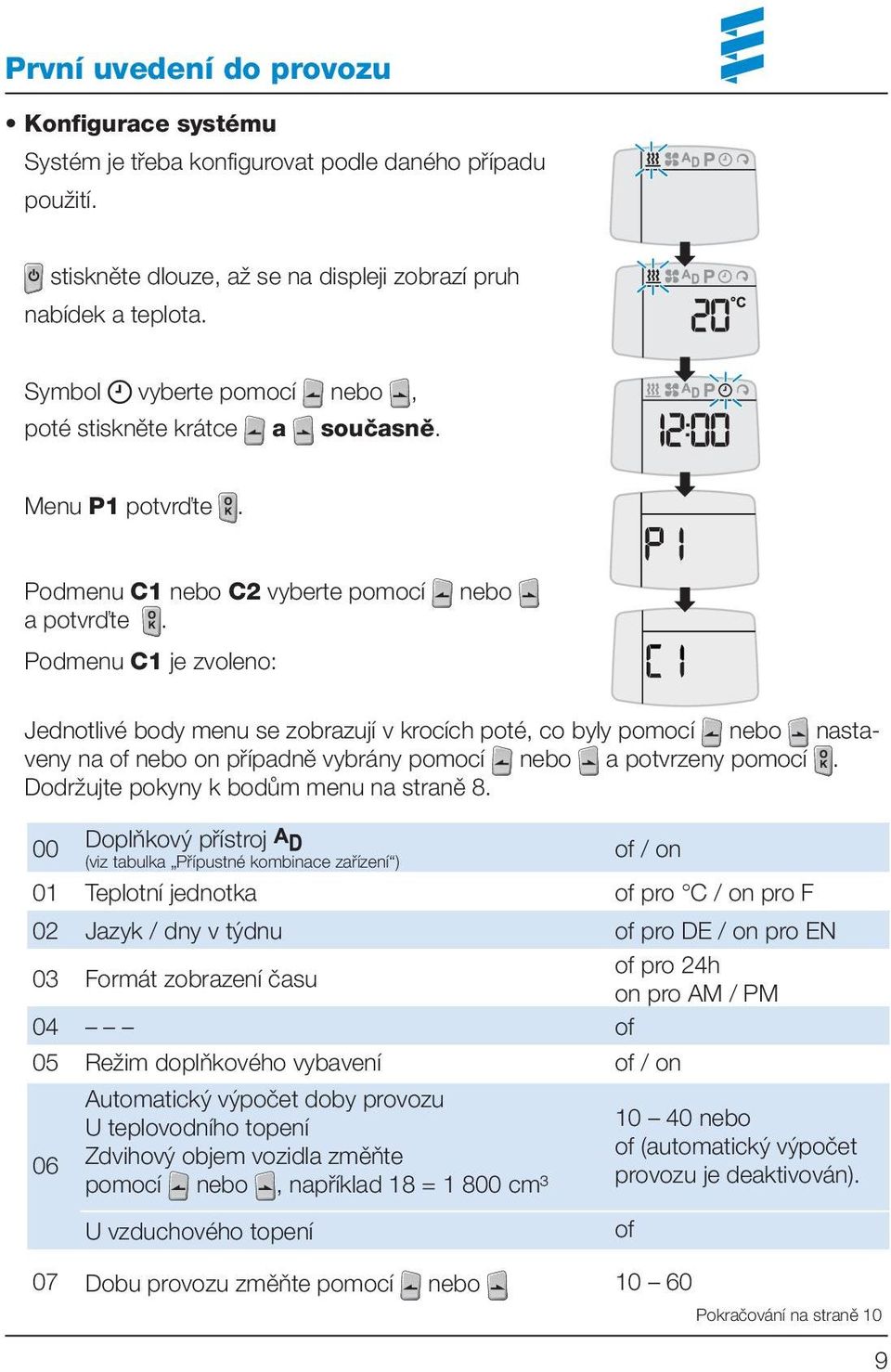 Podmenu C1 je zvoleno: nebo Jednotlivé body menu se zobrazují v krocích poté, co byly pomocí nebo nastaveny na of nebo on případně vybrány pomocí nebo a potvrzeny pomocí.