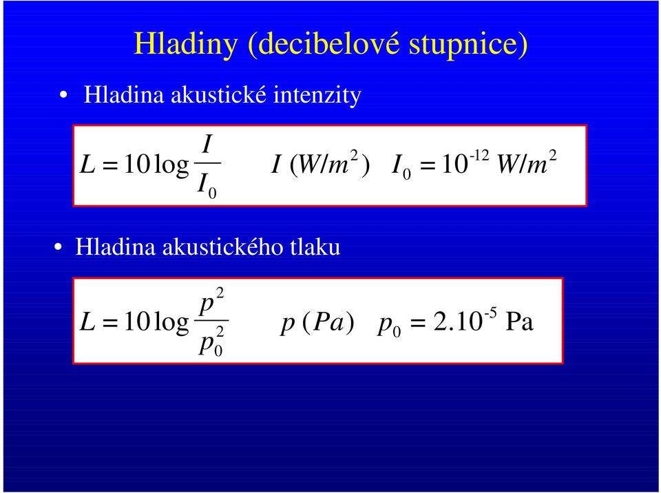 W/ m ) I0 = 10 W/ m I0 Hladina akustického