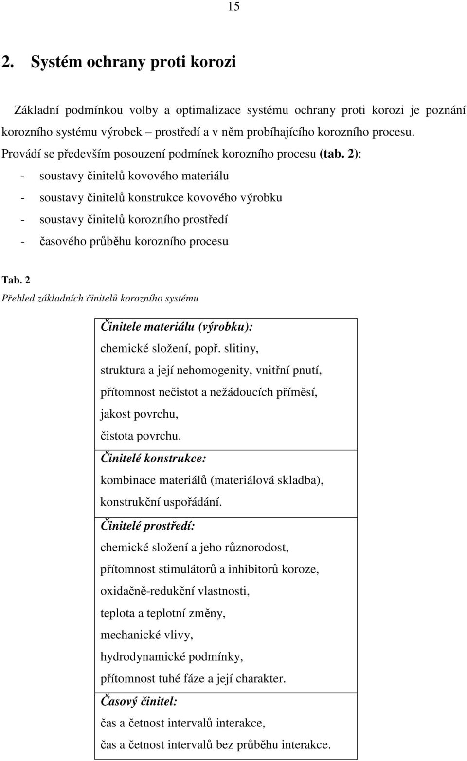 2): - soustavy činitelů kovového materiálu - soustavy činitelů konstrukce kovového výrobku - soustavy činitelů korozního prostředí - časového průběhu korozního procesu Tab.