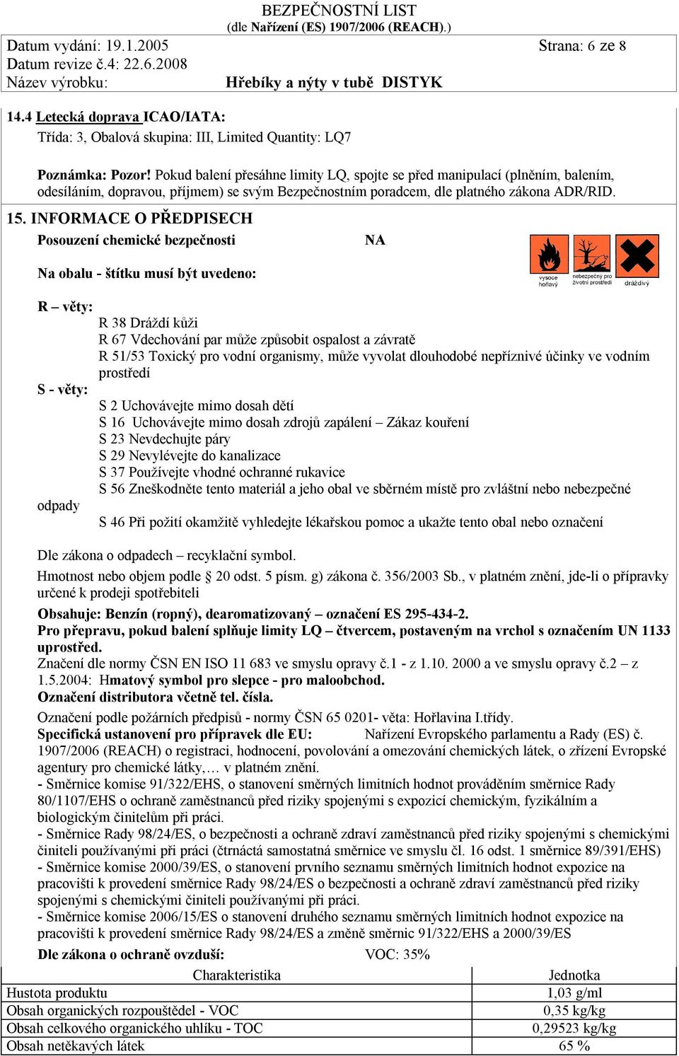 INFORMACE O PŘEDPISECH Posouzení chemické bezpečnosti Na obalu - štítku musí být uvedeno: R věty: S - věty: odpady R 38 Dráždí kůži R 67 Vdechování par může způsobit ospalost a závratě R 51/53