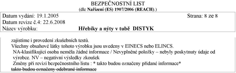-klasifikující osoba neměla žádné informace / Nevyplněné položky nebyly poskytnuty údaje od výrobce.