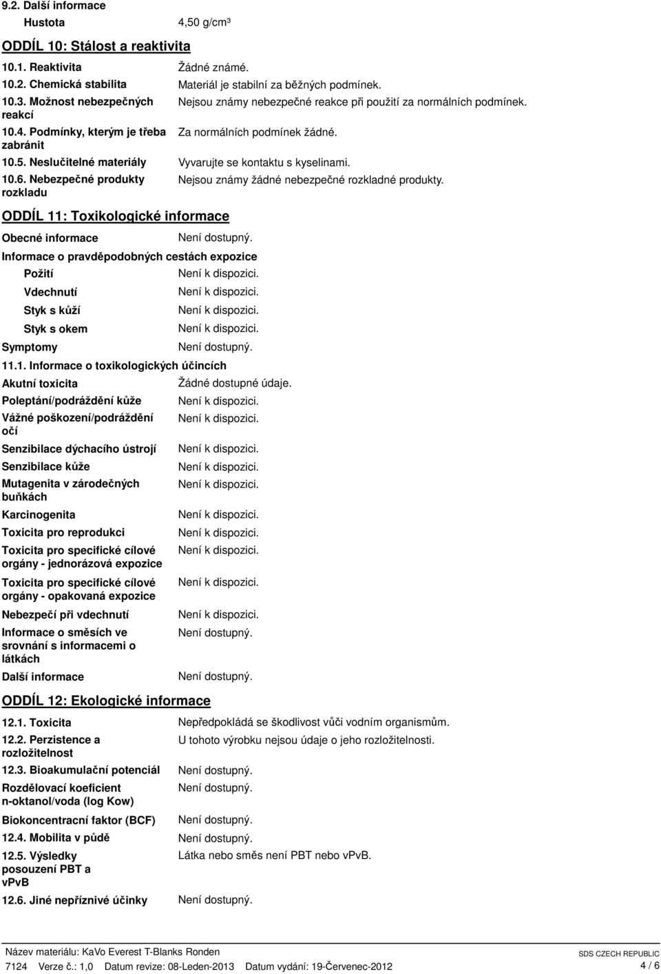 Neslučitelné materiály Vyvarujte se kontaktu s kyselinami. 10.6. Nebezpečné produkty rozkladu ODDÍL 11: Toxikologické informace Obecné informace Nejsou známy žádné nebezpečné rozkladné produkty.