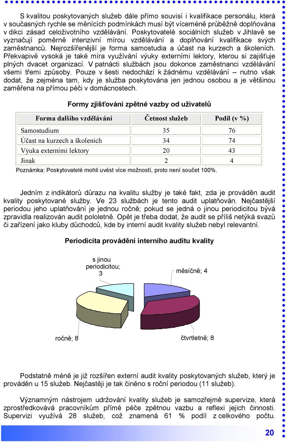 Nejrozšířenější je forma samostudia a účast na kurzech a školeních. Překvapivě vysoká je také míra využívání výuky externími lektory, kterou si zajišťuje plných dvacet organizací.