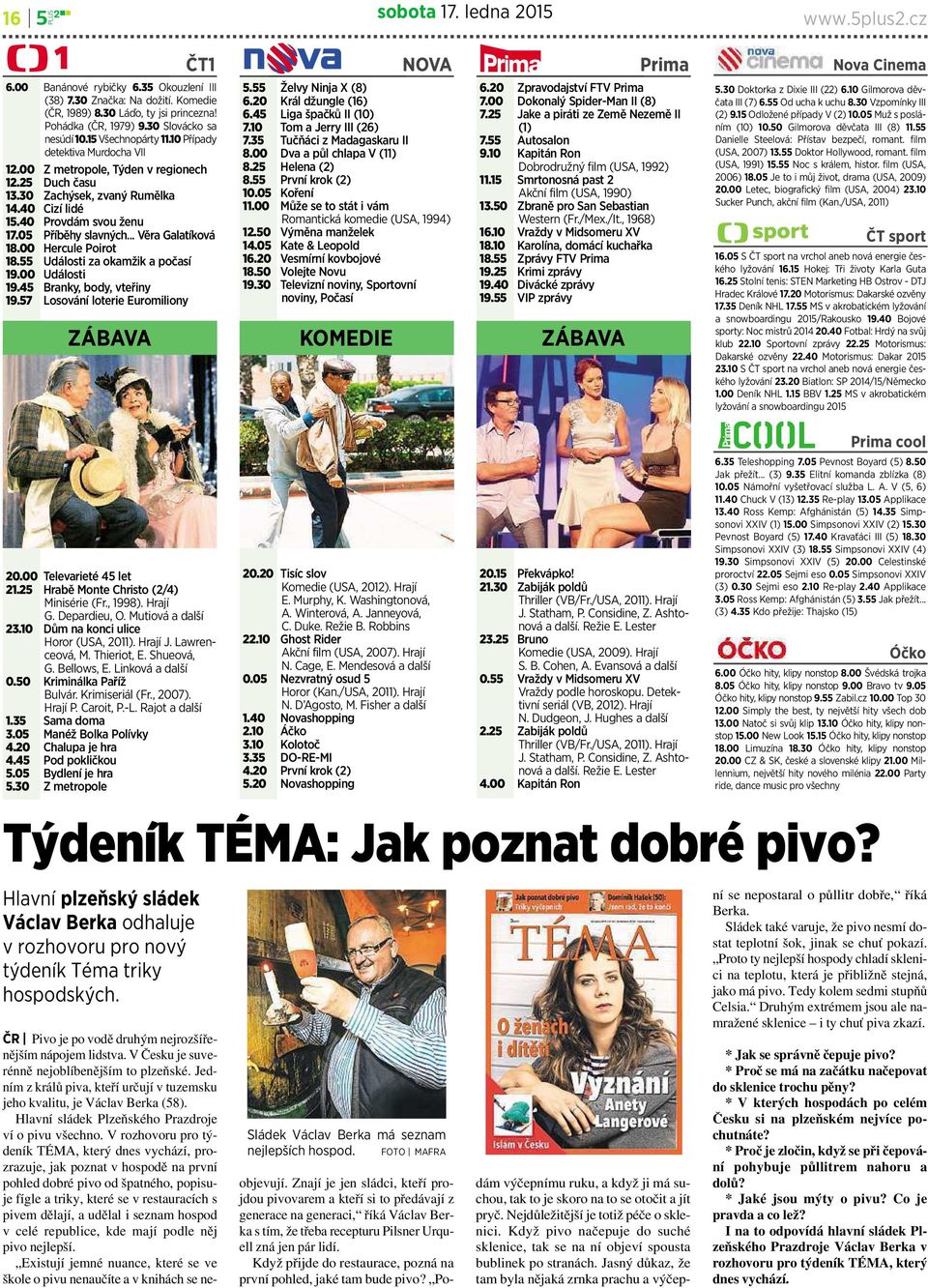 40 Provdám svou ženu 17.05 Příběhy slavných... Věra Galatíková 18.00 Hercule Poirot 18.55 Události za okamžik apočasí 19.00 Události 19.45 Branky,body,vteřiny 19.