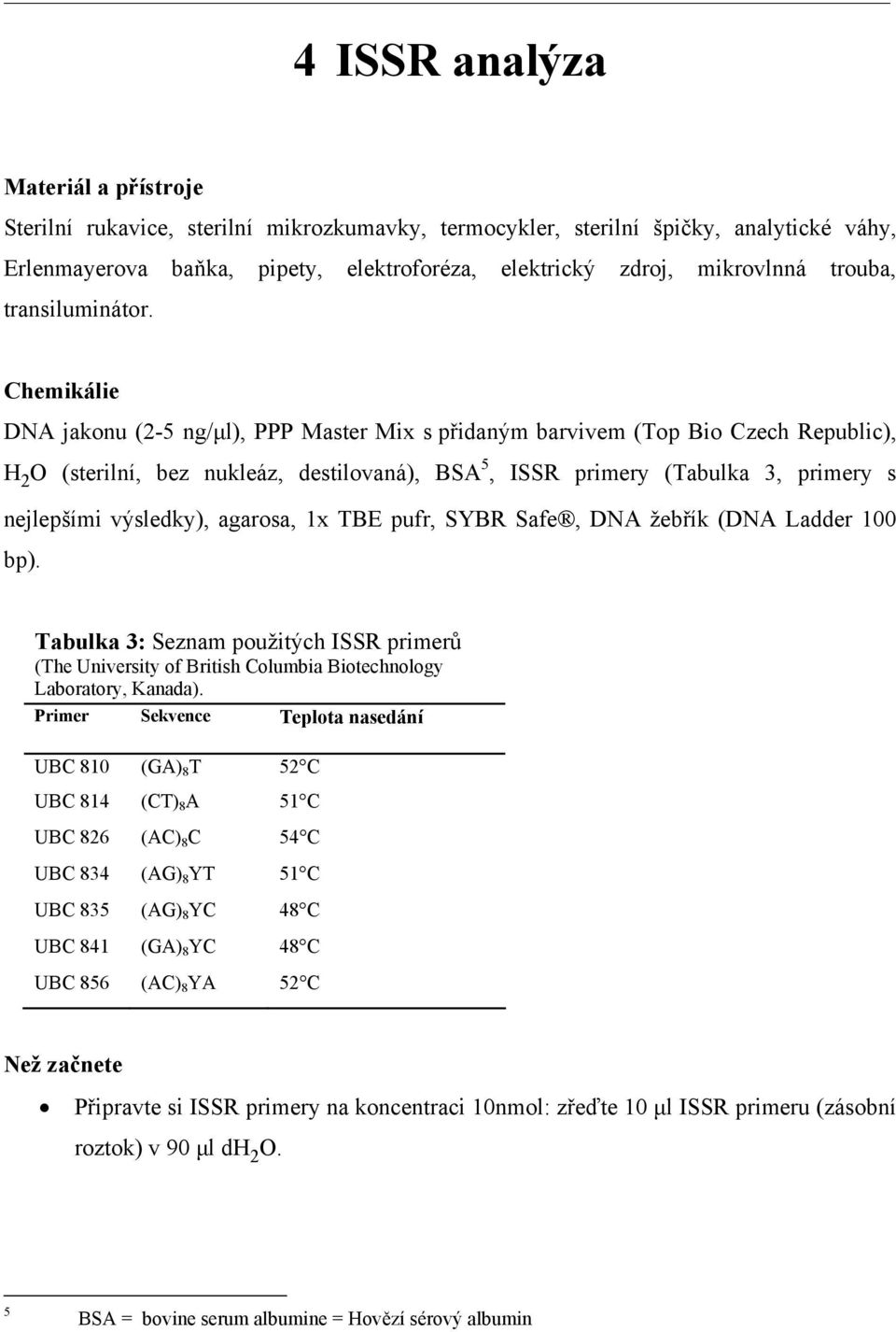 Chemikálie DNA jakonu (2-5 ng/μl), PPP Master Mix s přidaným barvivem (Top Bio Czech Republic), H 2 O (sterilní, bez nukleáz, destilovaná), BSA 5, ISSR primery (Tabulka 3, primery s nejlepšími