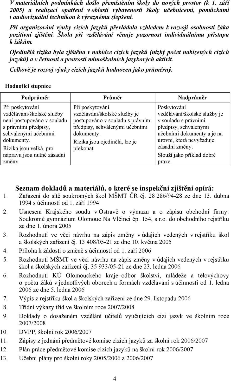 Při organizování výuky cizích jazyků převládala vzhledem k rozvoji osobnosti žáka pozitivní zjištění. Škola při vzdělávání věnuje pozornost individuálnímu přístupu k žákům.