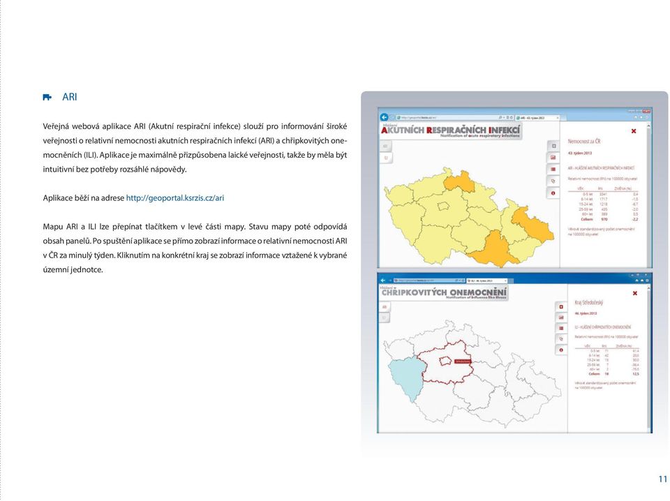 Aplikace běží na adrese http://geoportal.ksrzis.cz/ari Mapu ARI a ILI lze přepínat tlačítkem v levé části mapy. Stavu mapy poté odpovídá obsah panelů.