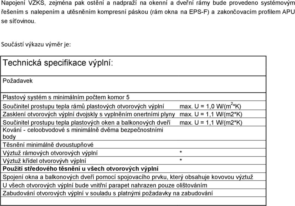 U = 1,0 W/(m 2 *K) Zasklení otvorových výplní dvojskly s vyplněním onertními plyny max. U = 1,1 W/(m2*K) Součinitel prostupu tepla plastových oken a balkonových dveří max.