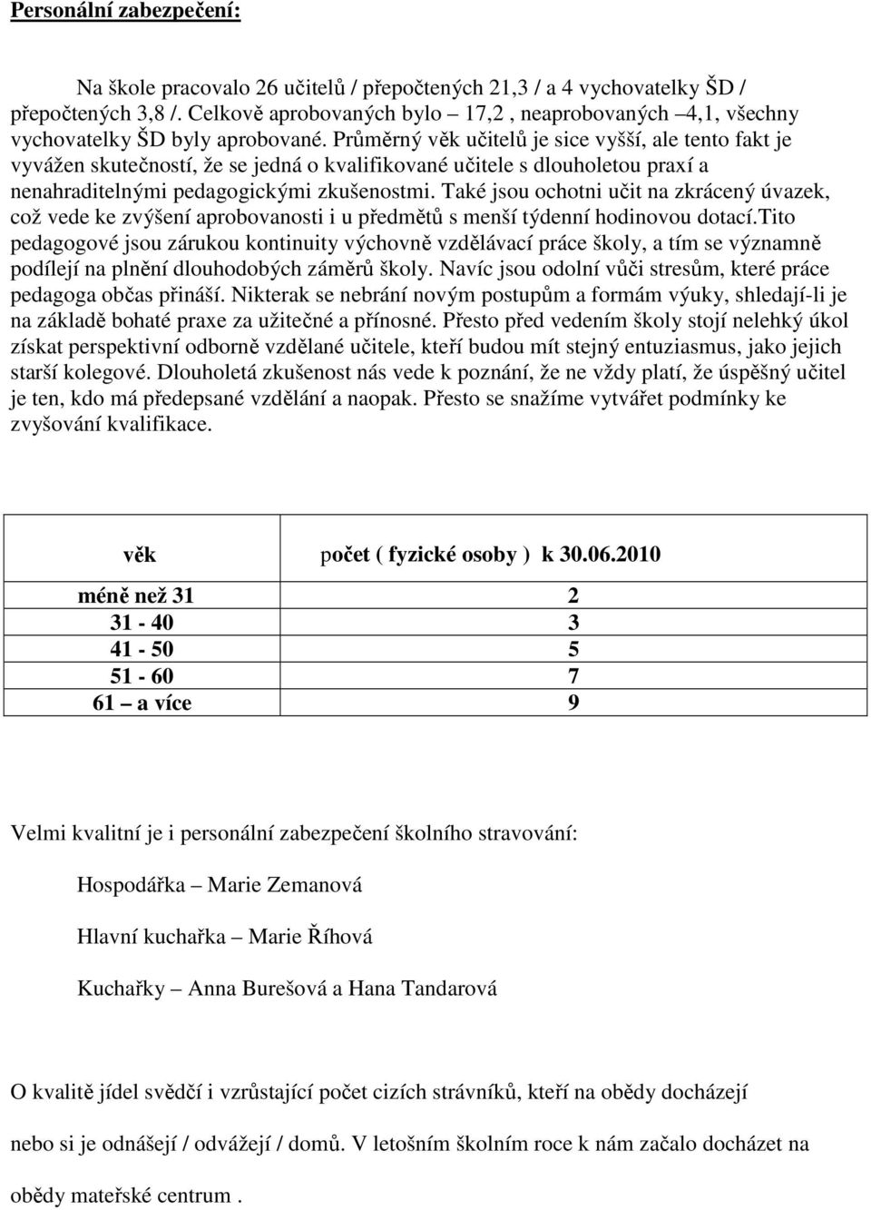 Průměrný věk učitelů je sice vyšší, ale tento fakt je vyvážen skutečností, že se jedná o kvalifikované učitele s dlouholetou praxí a nenahraditelnými pedagogickými zkušenostmi.