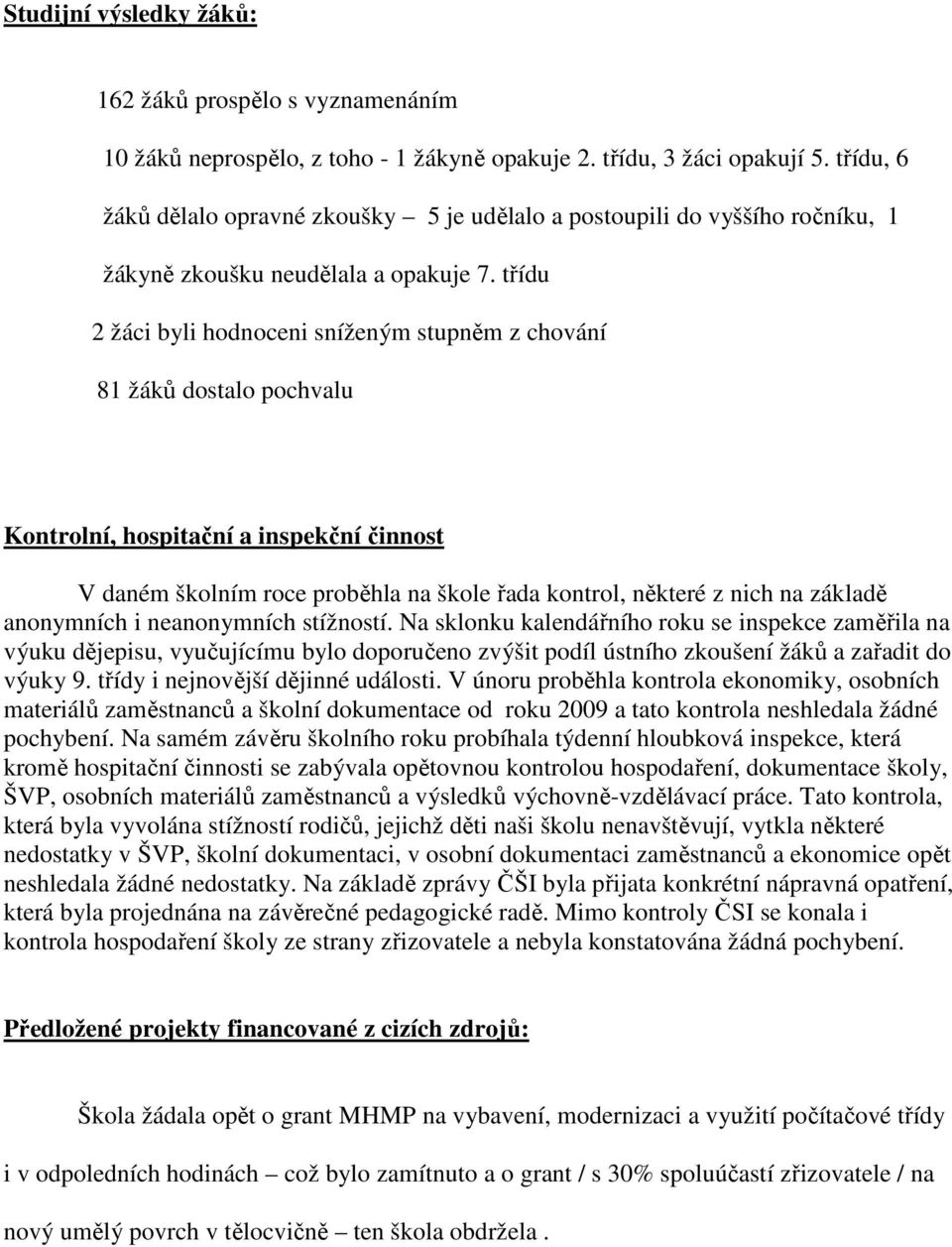 třídu 2 žáci byli hodnoceni sníženým stupněm z chování 81 žáků dostalo pochvalu Kontrolní, hospitační a inspekční činnost V daném školním roce proběhla na škole řada kontrol, některé z nich na