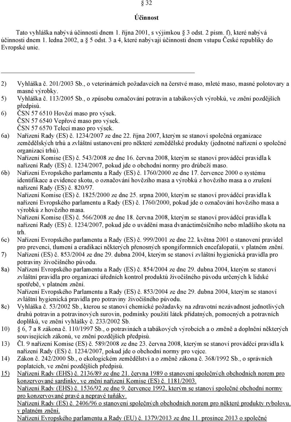 , o veterinárních požadavcích na čerstvé maso, mleté maso, masné polotovary a masné výrobky. Vyhláška č. 113/2005 Sb., o způsobu označování potravin a tabákových výrobků, ve znění pozdějších předpisů.