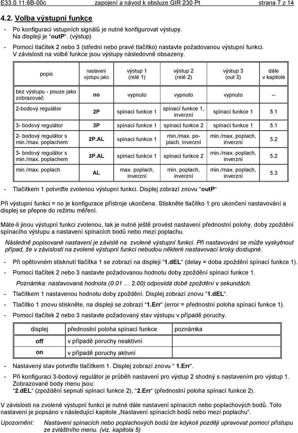 popis nastavení výstupu jako výstup 1 (relé 1) výstup 2 (relé 2) výstup 3 (out 3) dále v kapitole bez výstupu - pouze jako zobrazovač no vypnuto vypnuto vypnuto -- 2-bodový regulátor 2P spínací