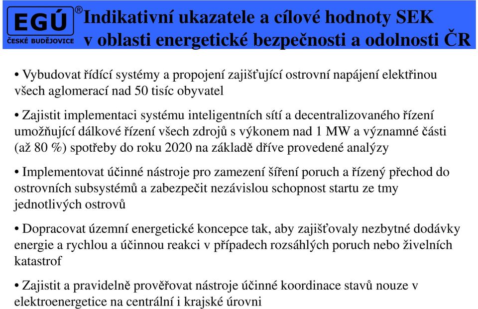 základě dříve provedené analýzy Implementovat účinné nástroje pro zamezení šíření poruch a řízený přechod do ostrovních subsystémů a zabezpečit nezávislou schopnost startu ze tmy jednotlivých ostrovů