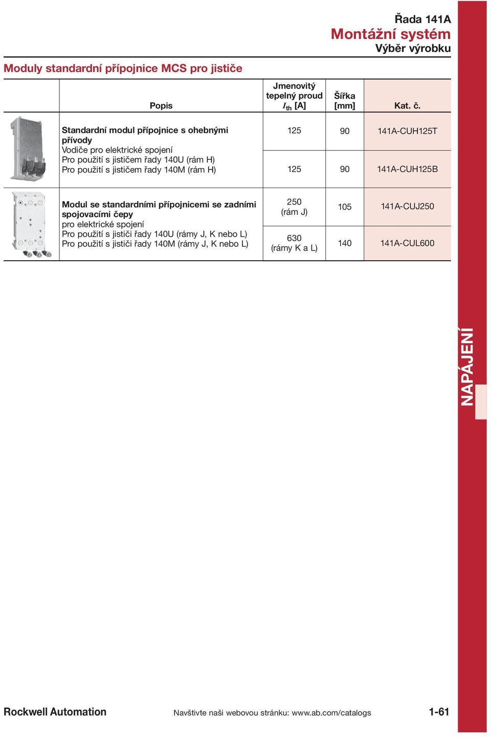 (rám H) 125 90 141A CUH125T 125 90 141A CUH125B Modul se standardními přípojnicemi se zadními spojovacími čepy pro elektrické spojení Pro použití s