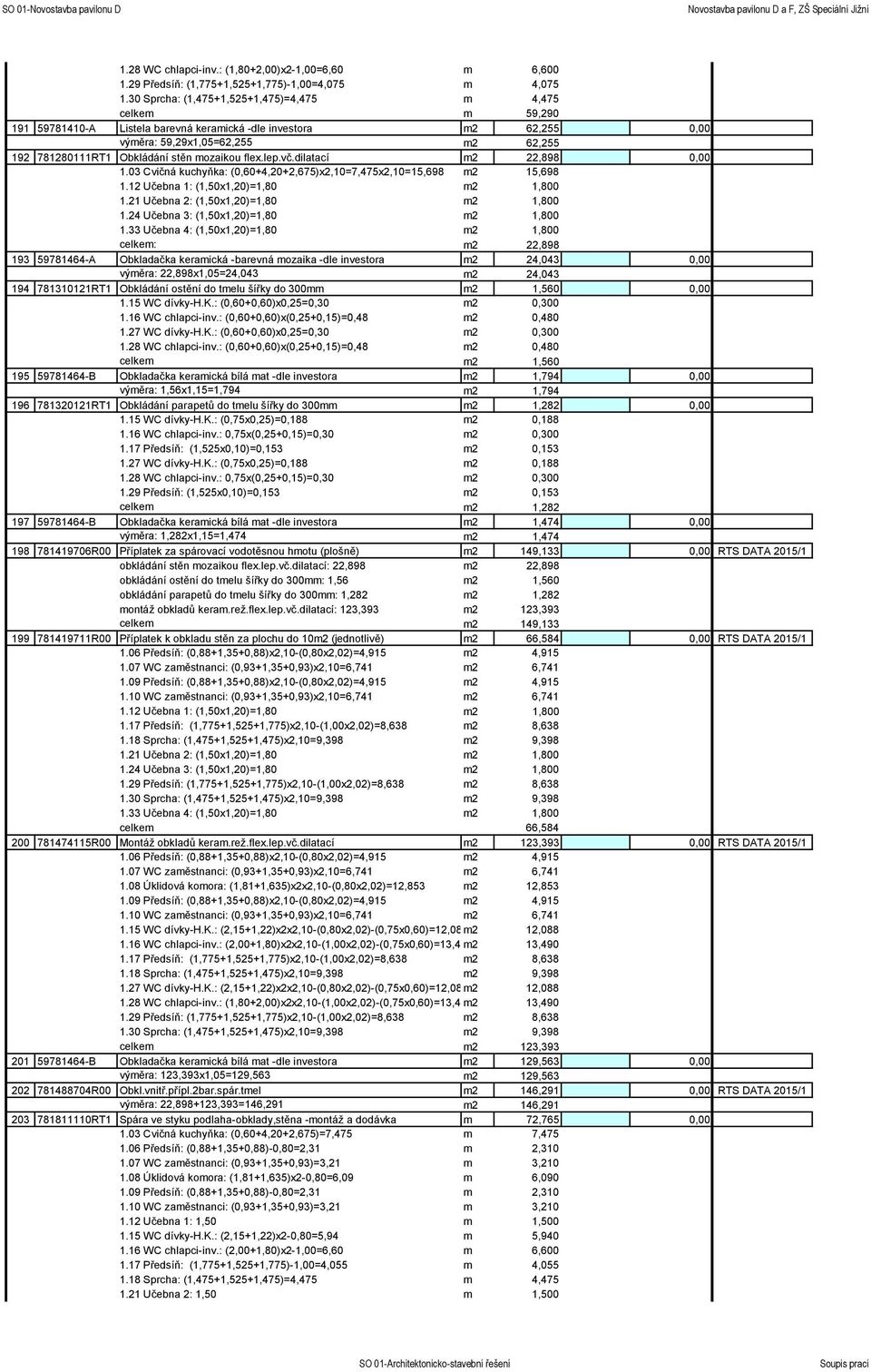 mozaikou flex.lep.vč.dilatací m2 22,898 0,00 1.03 Cvičná kuchyňka: (0,60+4,20+2,675)x2,10=7,475x2,10=15,698 m2 15,698 1.12 Učebna 1: (1,50x1,20)=1,80 m2 1,800 1.