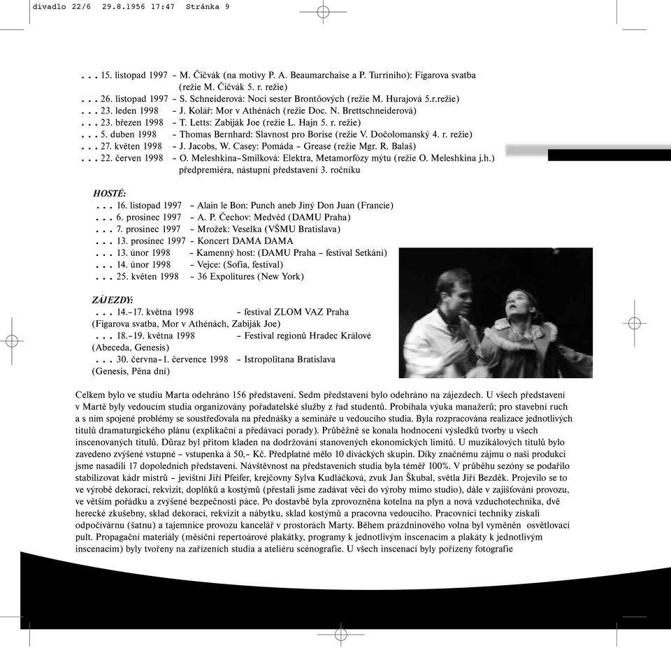 Hajn 5. r. režie)... 5. duben 1998 Thomas Bernhard: Slavnost pro Borise (režie V. Dočolomanský 4. r. režie)... 27. květen 1998 J. Jacobs, W. Casey: Pomáda Grease (režie Mgr. R. Balaš)... 22.