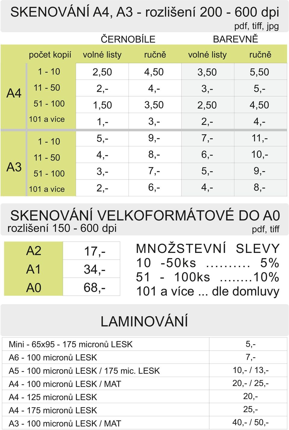 A1 A0 17,34,68,- pdf, tiﬀ MNOŽSTEVNÍ SLEVY 10-50ks... 5% 51-100ks...10% 101 a více.