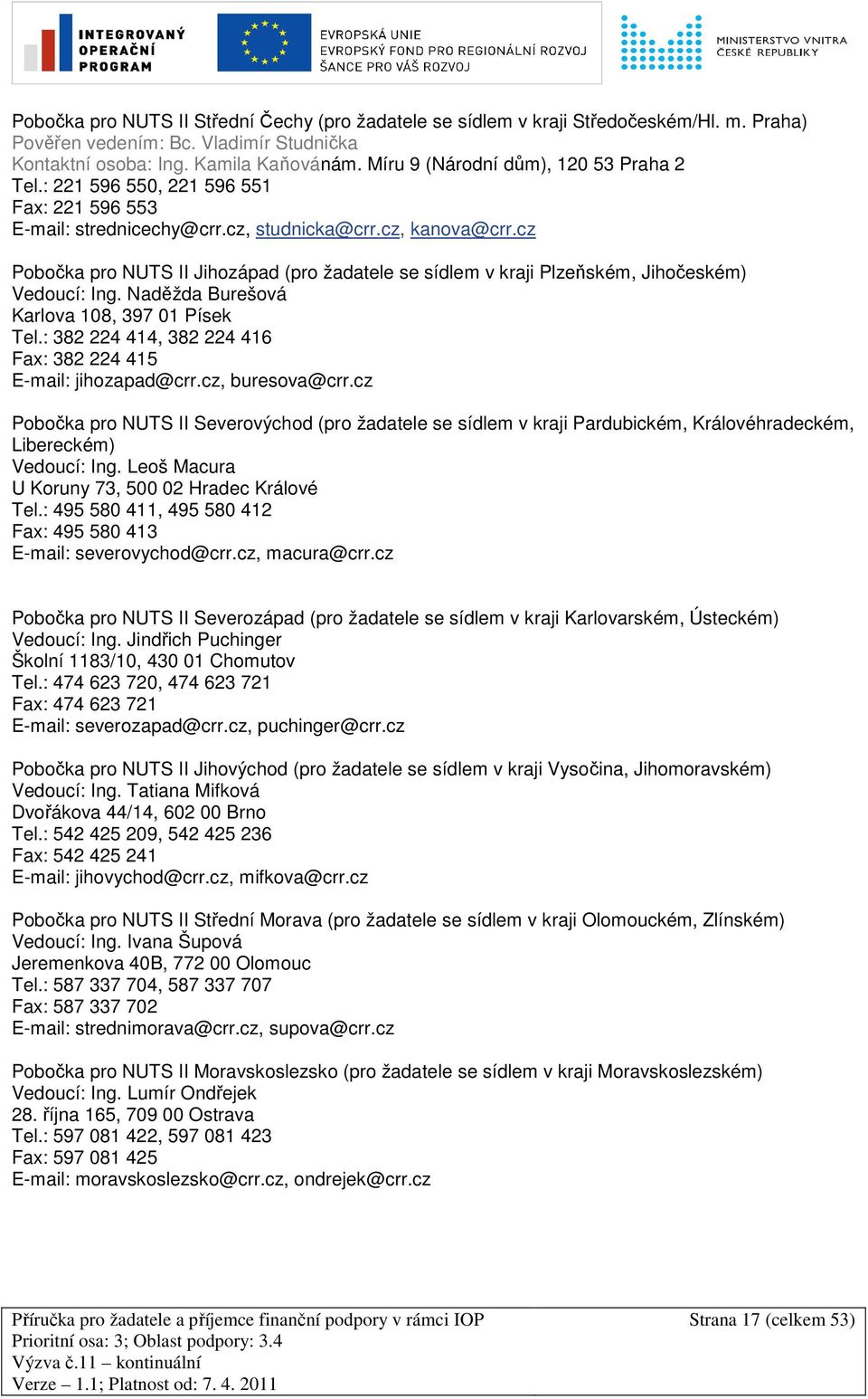 cz Pobočka pro NUTS II Jihozápad (pro žadatele se sídlem v kraji Plzeňském, Jihočeském) Vedoucí: Ing. Naděžda Burešová Karlova 108, 397 01 Písek Tel.