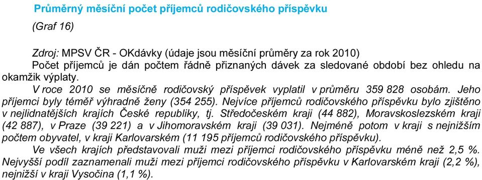 Nejvíce příjemců rodičovského příspěvku bylo zjištěno v nejlidnatějších krajích České republiky, tj.